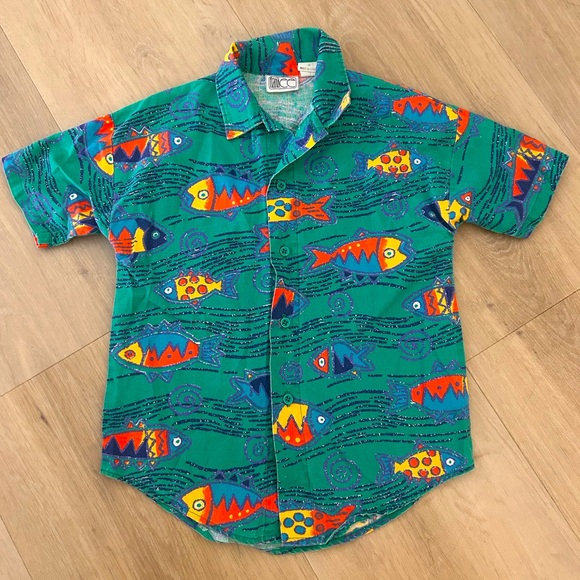 Other - Vintage button up boys retro 90’s teal blue fish size 4t made in USA